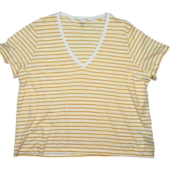 Madewell Theresa Striped Short Sleeve V Neck Top In Pollen Yellow Cotton Size 2X - Picture 3 of 13